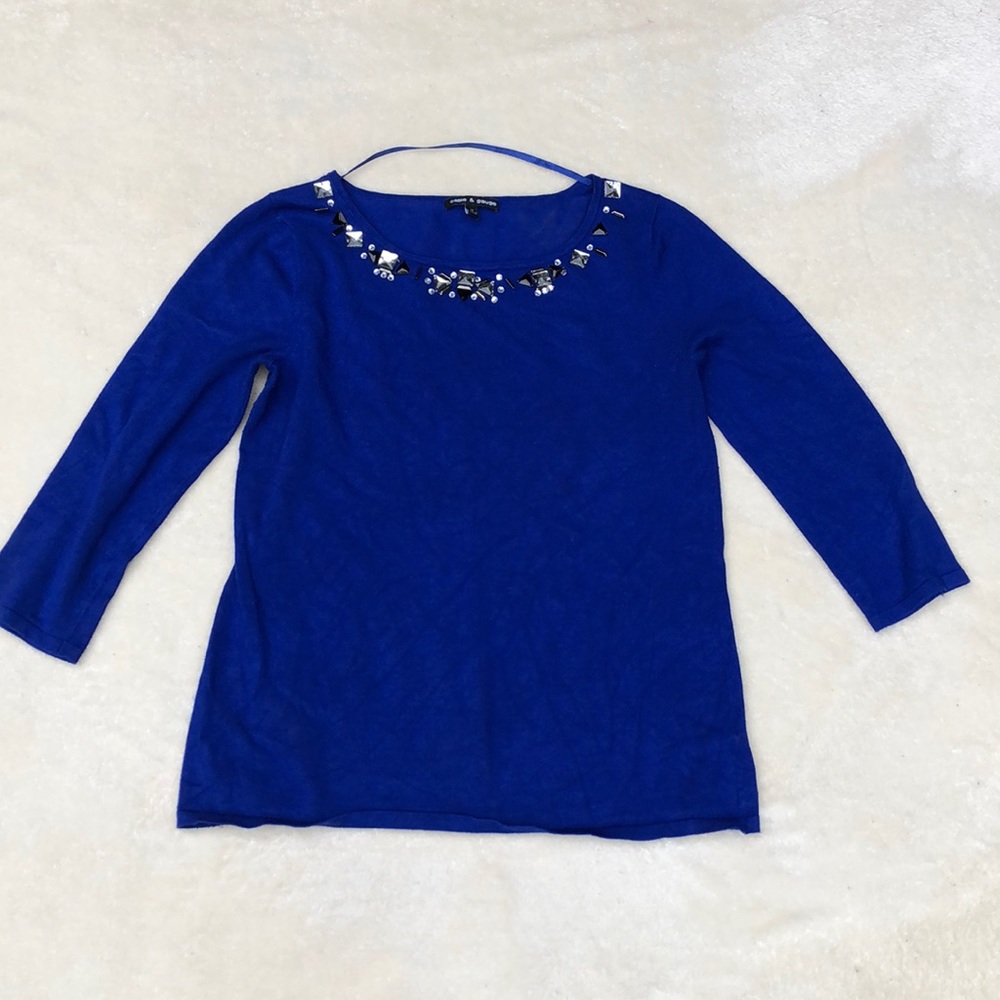 Embellished Royal Blue 3/4 Sleeve Soft Sweater